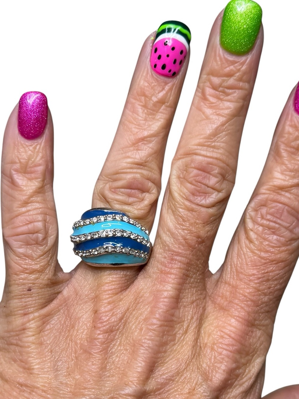 Vintage Boutique Silver Tone Blue Enamel & Rhinestone Ring - Size 5.5